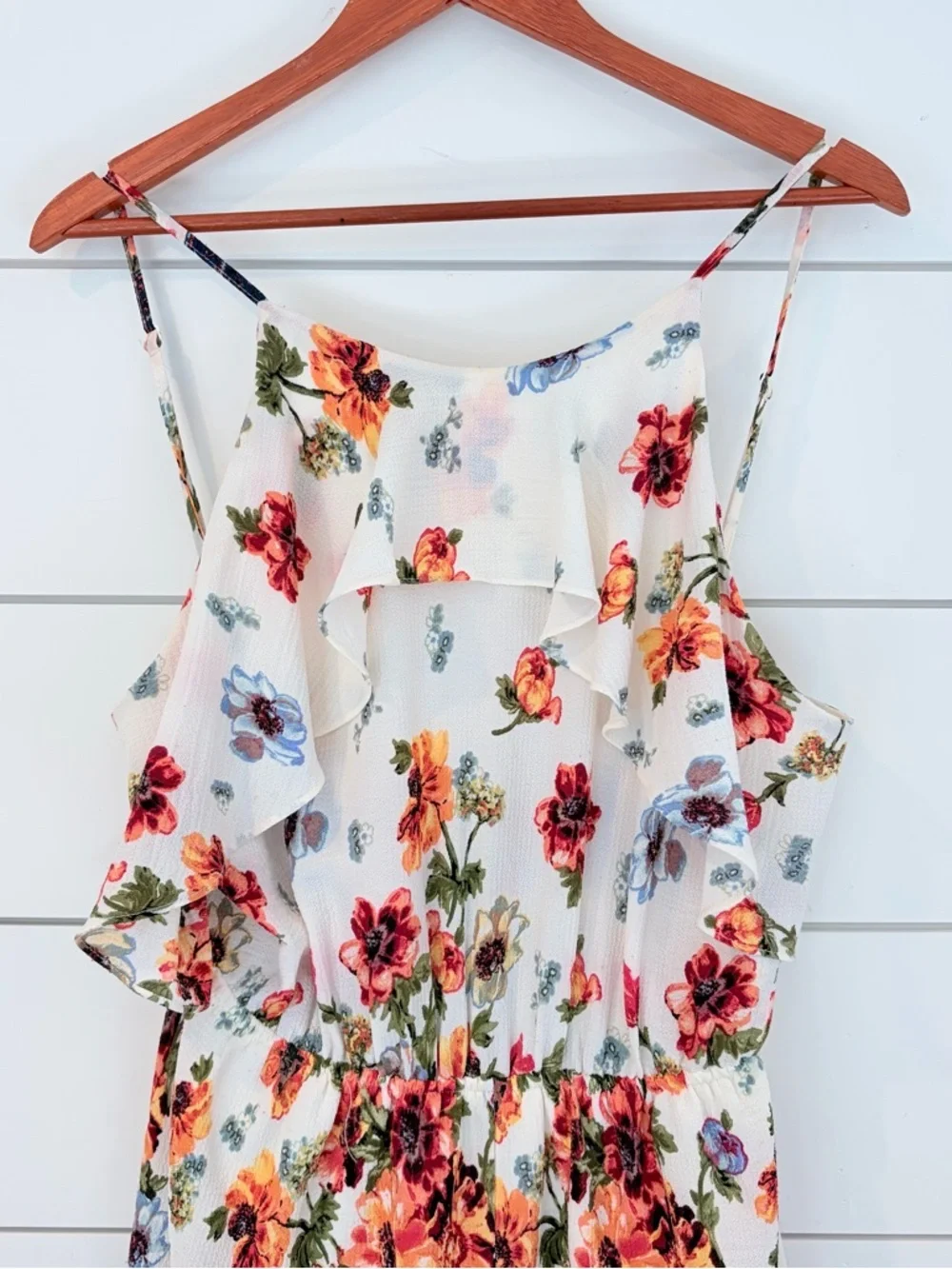 Blue Rain Floral Ruffle Romper Boho Cottagecore Tie Back Prairie Girl Summer M